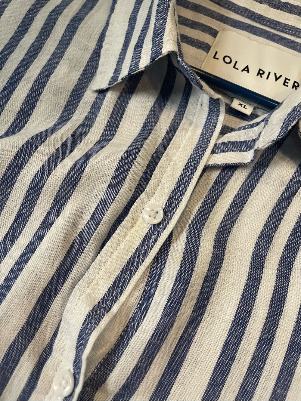 Lola River XL Blue White Linen Lyocell Striped Button Down Roll Tab Shirt - Picture 5 of 9
